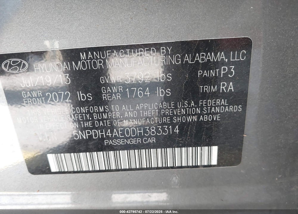 2013 HYUNDAI ELANTRA GLS VIN: 5NPDH4AE0DH383314