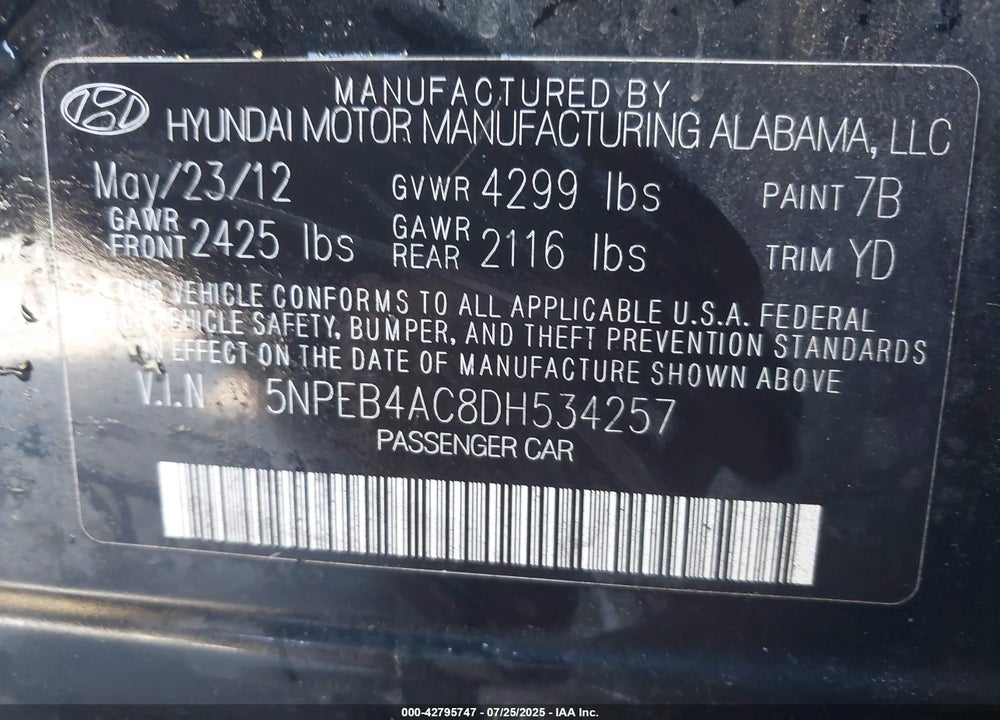 2013 HYUNDAI SONATA VIN: 5NPEB4AC8DH534257