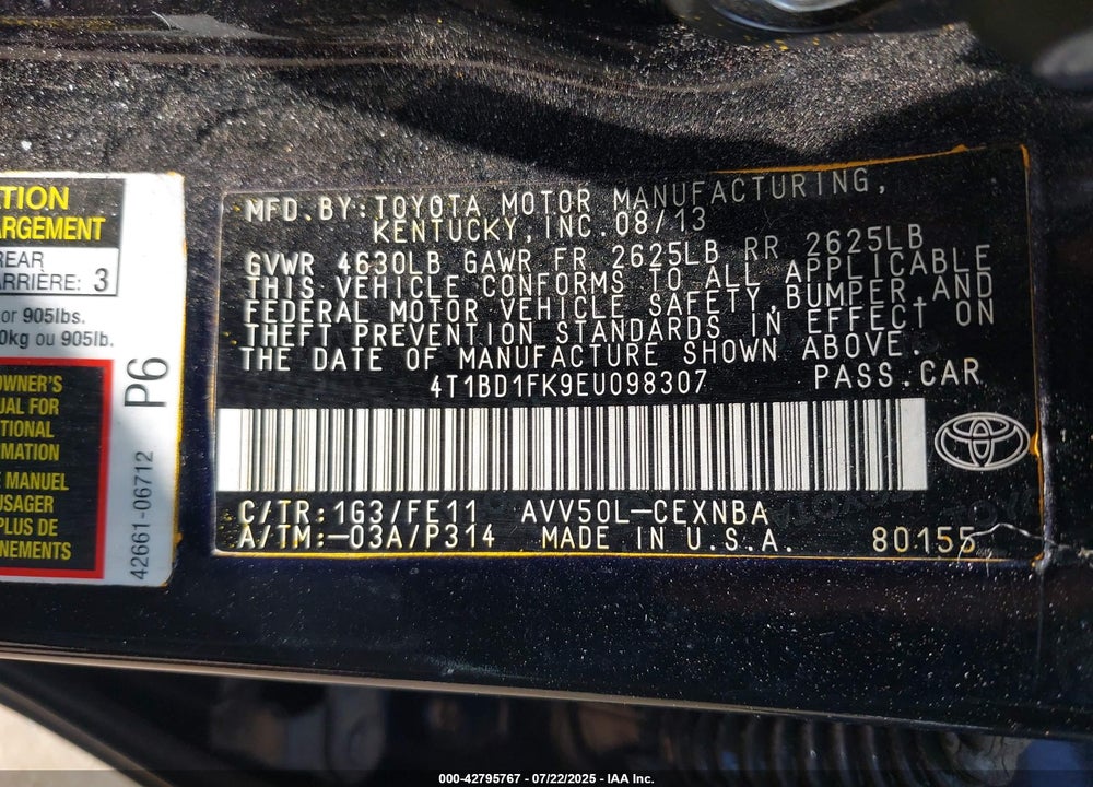 2014 TOYOTA CAMRY HYBRID LE VIN: 4T1BD1FK9EU098307