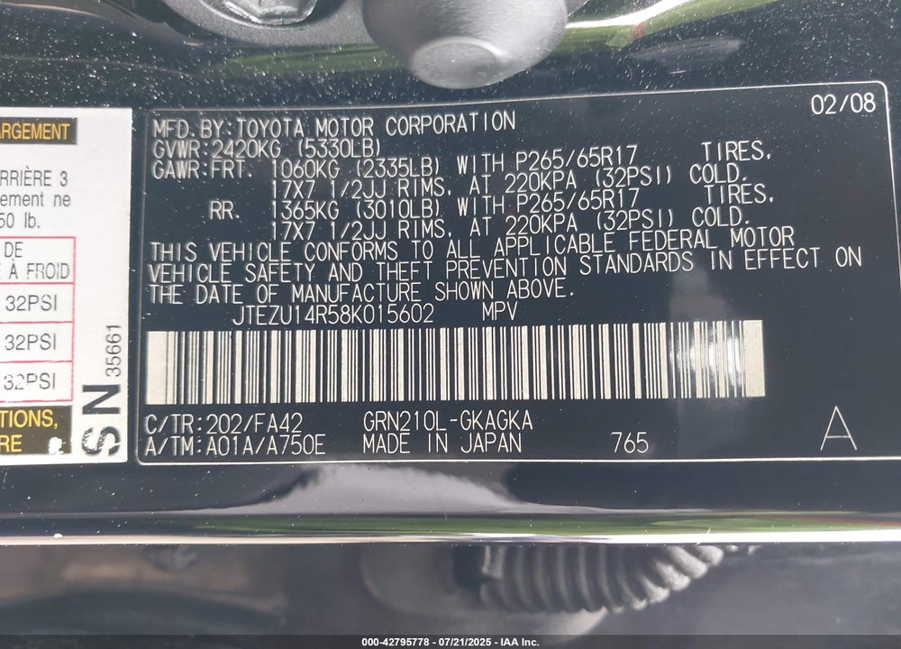 2008 TOYOTA 4RUNNER VIN: JTEZU14R58K015602