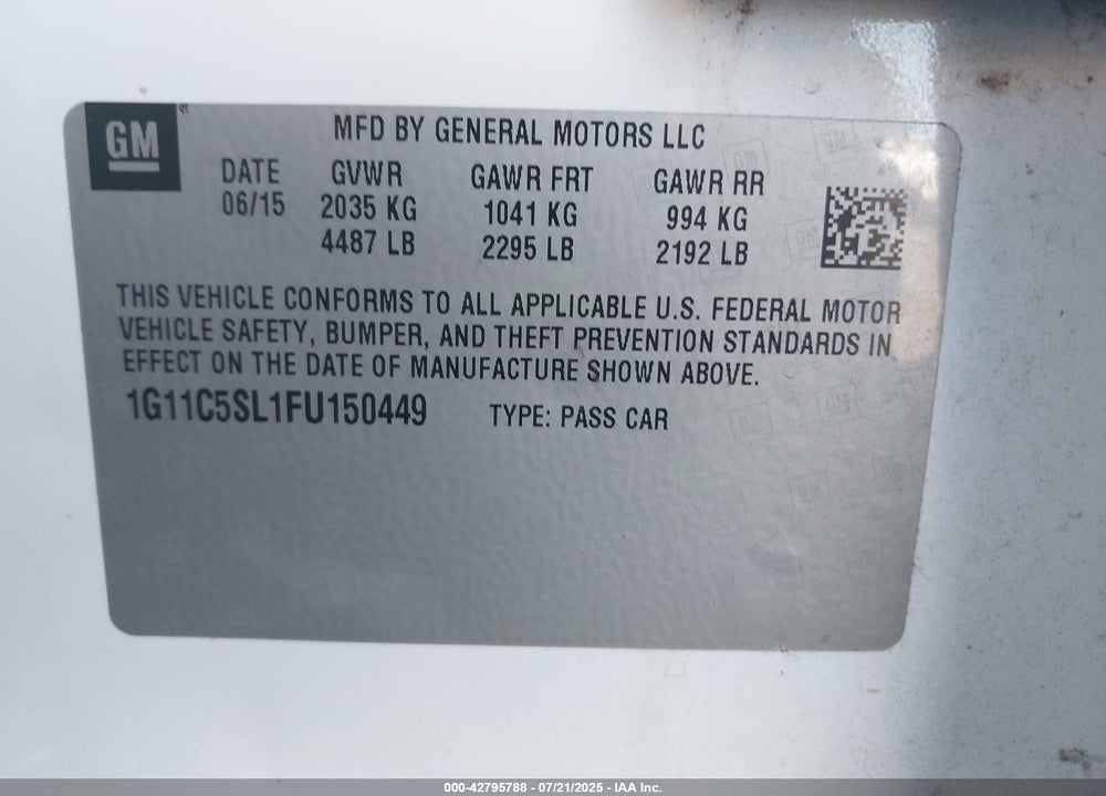 2015 CHEVROLET MALIBU 1LT VIN: 1G11C5SL1FU150449