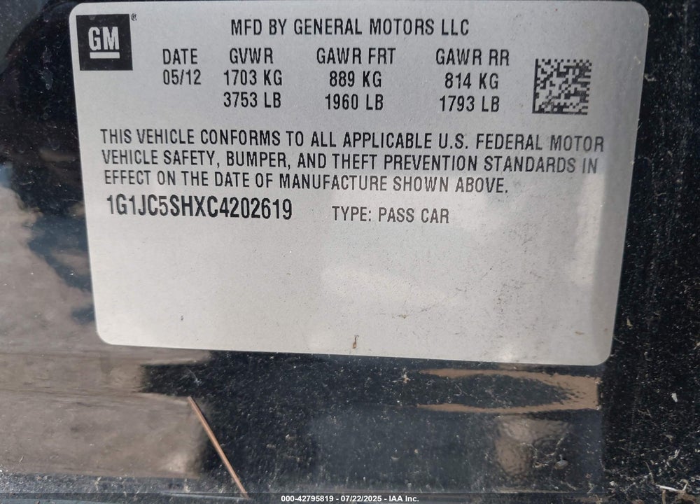 2012 CHEVROLET SONIC VIN: 1G1JC5SHXC4202619