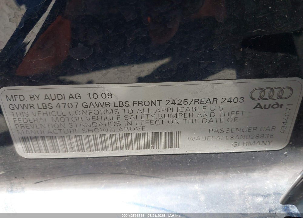 2010 AUDI A4 VIN: WAUEFAFL8AN028836