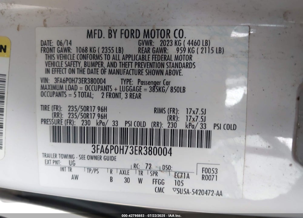 2014 FORD FUSION VIN: 3FA6P0H73ER380004