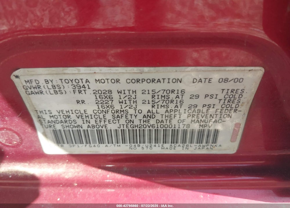 2001 TOYOTA RAV4 VIN: JTEGH20V610001178