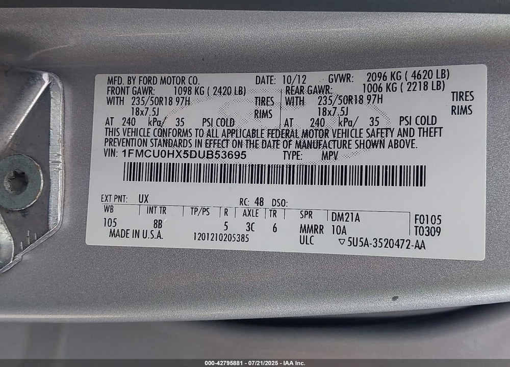 2013 FORD ESCAPE VIN: 1FMCU0HX5DUB53695