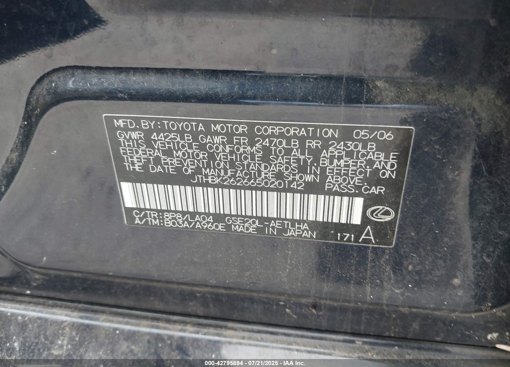2006 LEXUS IS250 VIN: JTHBK262665020142