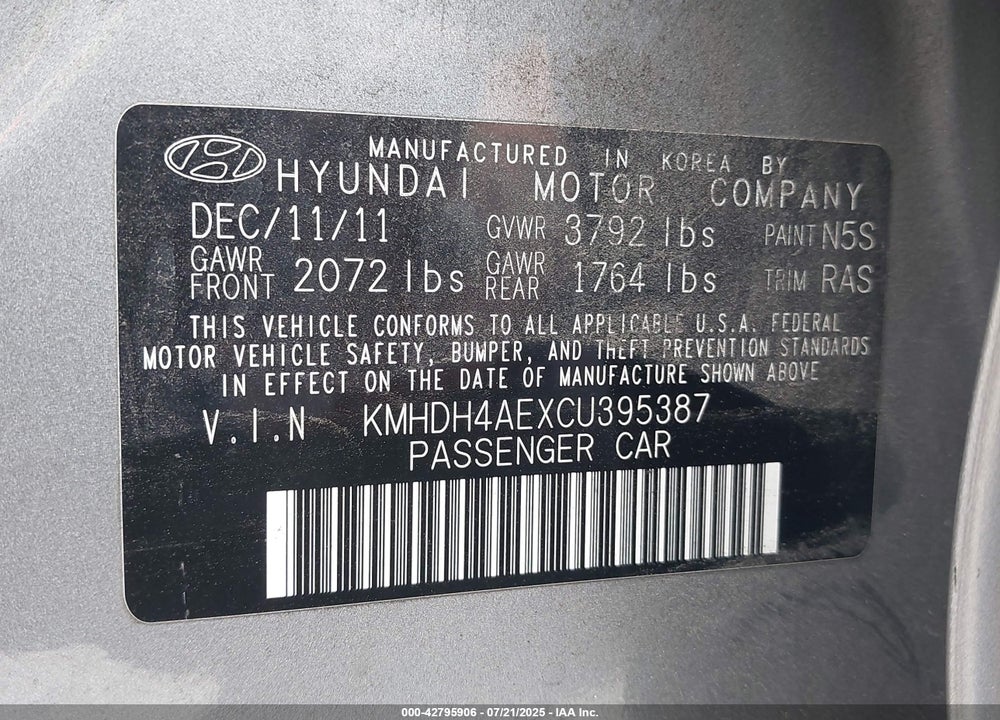 2012 HYUNDAI ELANTRA VIN: KMHDH4AEXCU395387