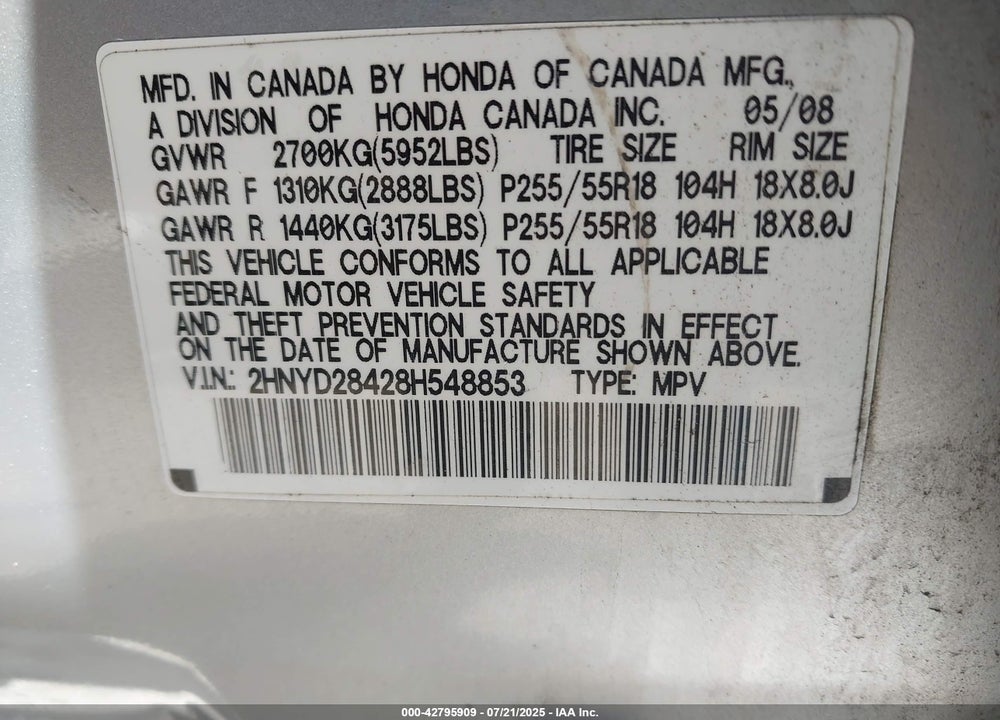 2008 ACURA MDX VIN: 2HNYD28428H548853