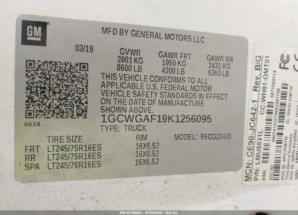 2019 CHEVROLET EXPRESS 2500 WORK VAN VIN: 1GCWGAF19K1256095