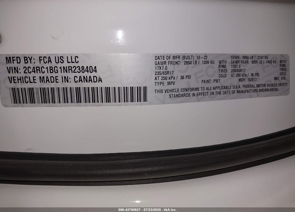 2022 CHRYSLER PACIFICA TOURING L VIN: 2C4RC1BG1NR238404