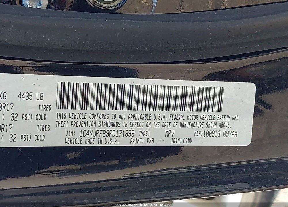 2015 JEEP PATRIOT VIN: 1C4NJPFB9FD171898
