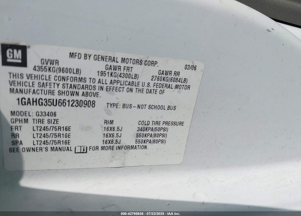 2006 CHEVROLET EXPRESS LS VIN: 1GAHG35U661230908