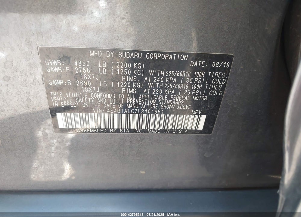 2020 SUBARU OUTBACK VIN: 4S4BTALC7L3101661