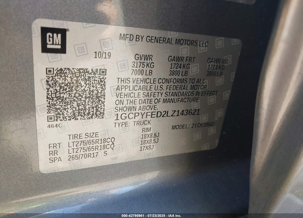 2020 CHEVROLET SILVERADO 1500 VIN: 1GCPYFED2LZ143621