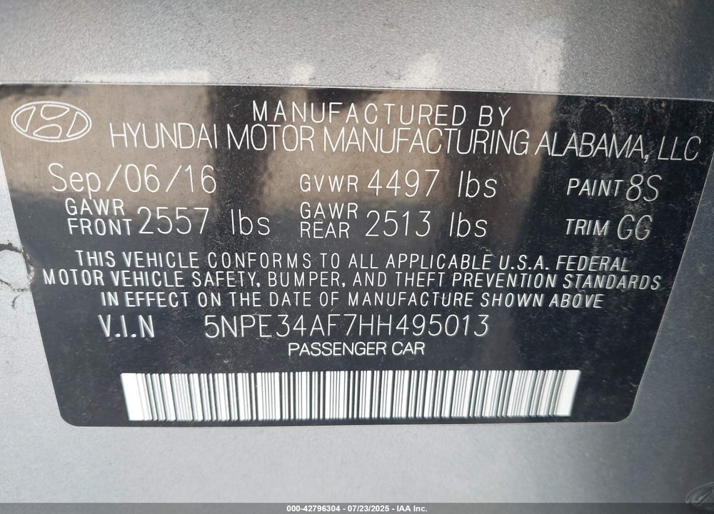 2017 HYUNDAI SONATA VIN: 5NPE34AF7HH495013