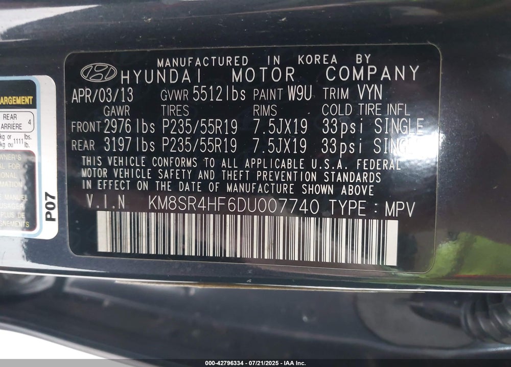 2013 HYUNDAI SANTA FE VIN: KM8SR4HF6DU007740