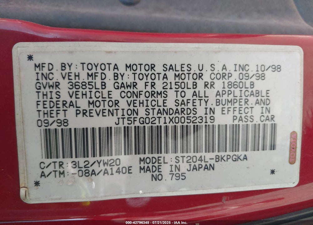 1999 TOYOTA CELICA GT VIN: JT5FG02T1X0052319