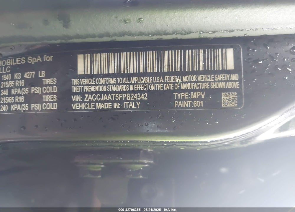 2015 JEEP RENEGADE SPORT VIN: ZACCJAAT5FPB24342
