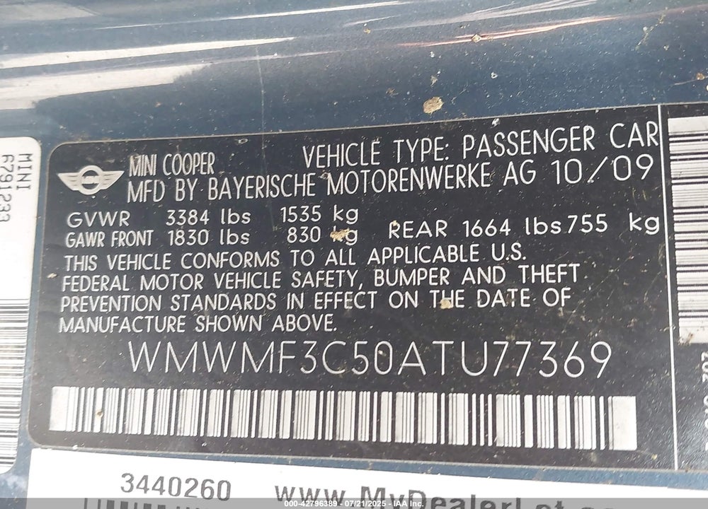 2010 MINI COOPER VIN: WMWMF3C50ATU77369