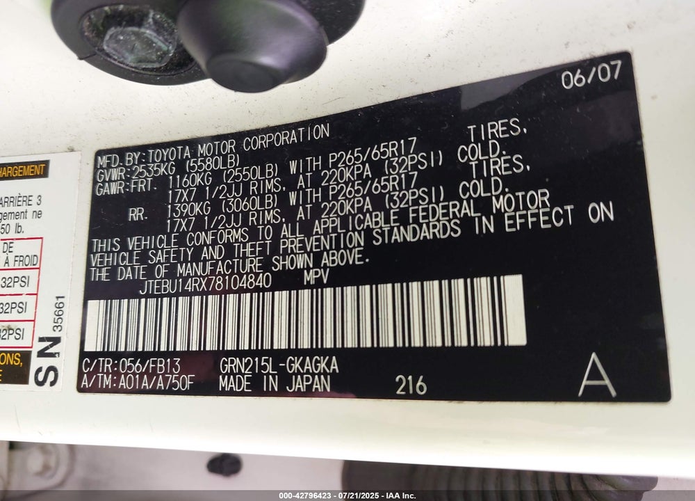 2007 TOYOTA 4RUNNER VIN: JTEBU14RX78104840