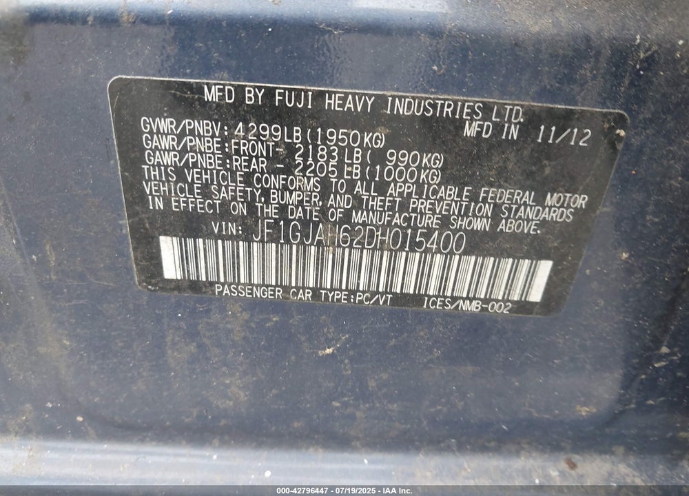 2013 SUBARU IMPREZA VIN: JF1GJAH62DH015400