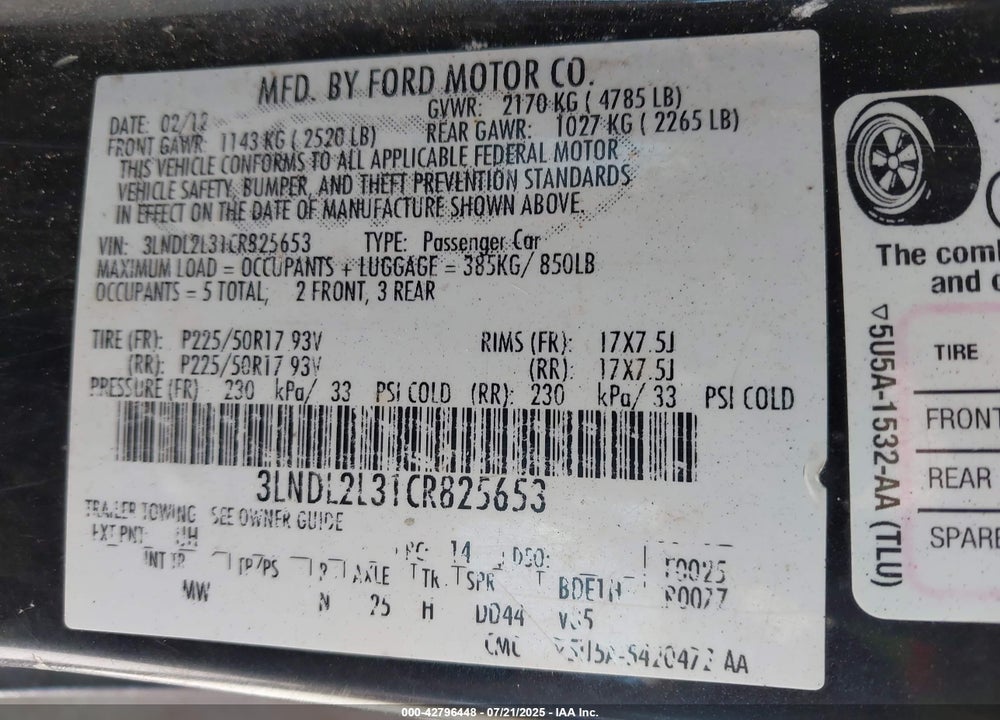 2012 LINCOLN MKZ HYBRID VIN: 3LNDL2L31CR825653