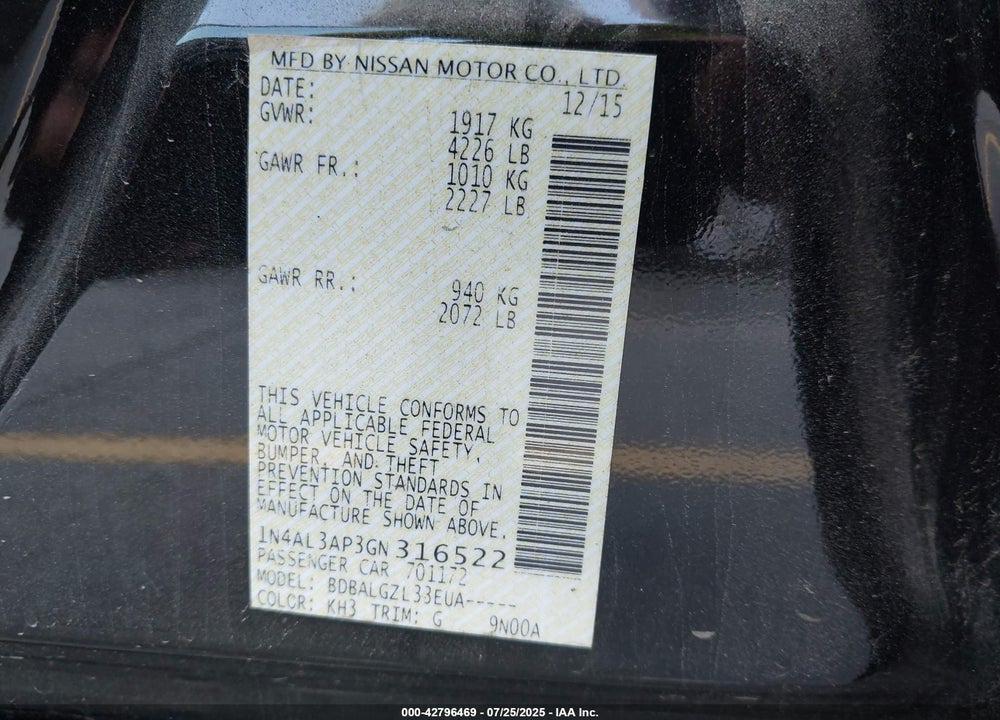 2016 NISSAN ALTIMA VIN: 1N4AL3AP3GN316522