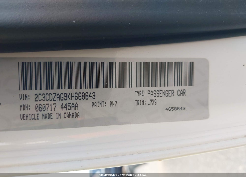 2019 DODGE CHALLENGER VIN: 2C3CDZAG9KH668643