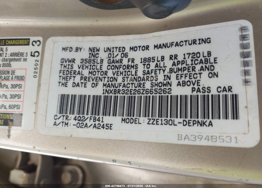 2006 TOYOTA COROLLA VIN: 1NXBR32E26Z665262