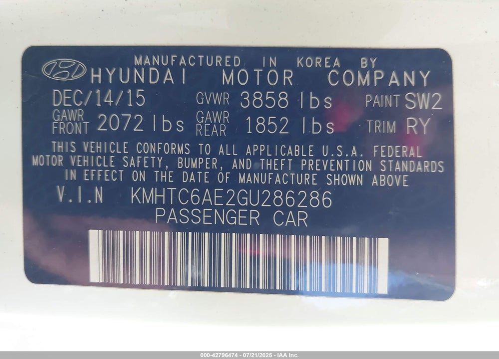 2016 HYUNDAI VELOSTER VIN: KMHTC6AE2GU286286