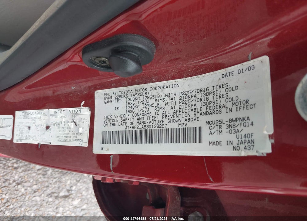 2003 TOYOTA HIGHLANDER V6 VIN: JTEHF21A830129267