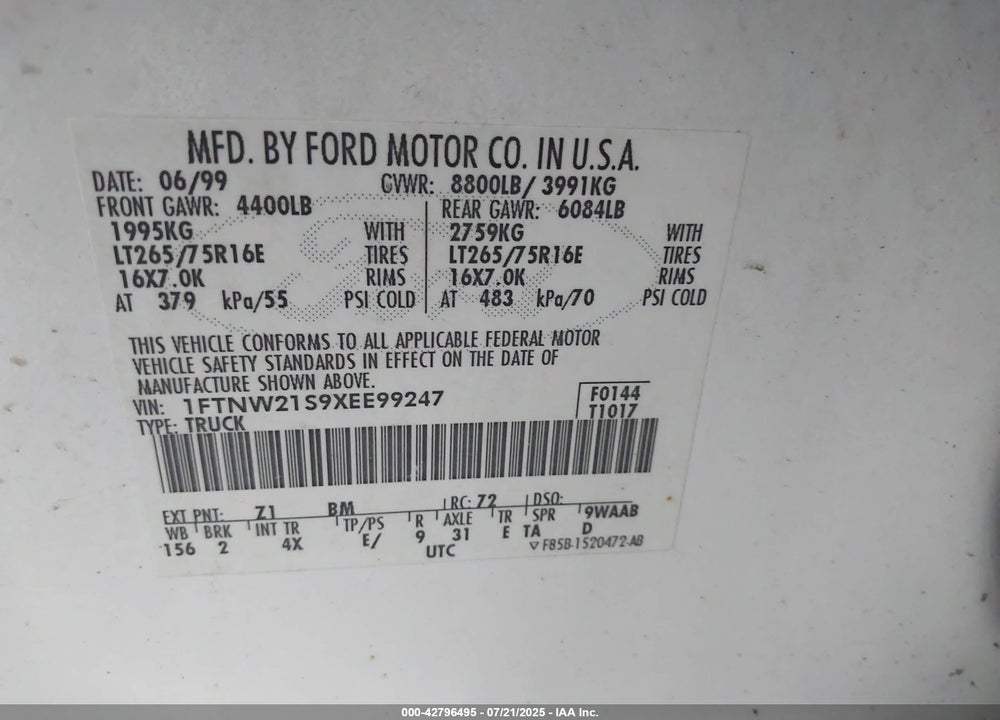 1999 FORD F-250 LARIAT/XL/XLT VIN: 1FTNW21S9XEE99247