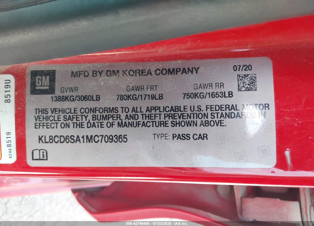 2021 CHEVROLET SPARK VIN: KL8CD6SA1MC709365