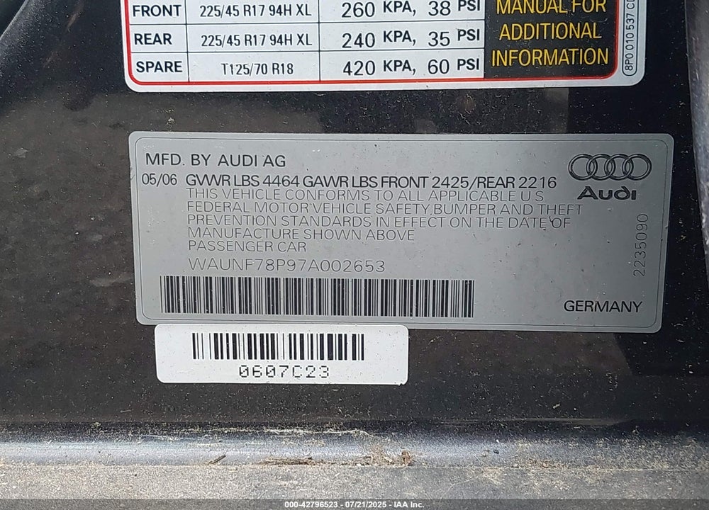 2007 AUDI A3 VIN: WAUNF78P97A002653