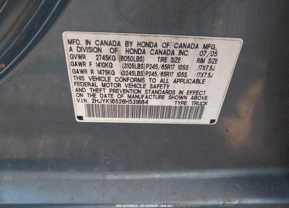 2006 HONDA RIDGELINE VIN: 2HJYK16526H531884