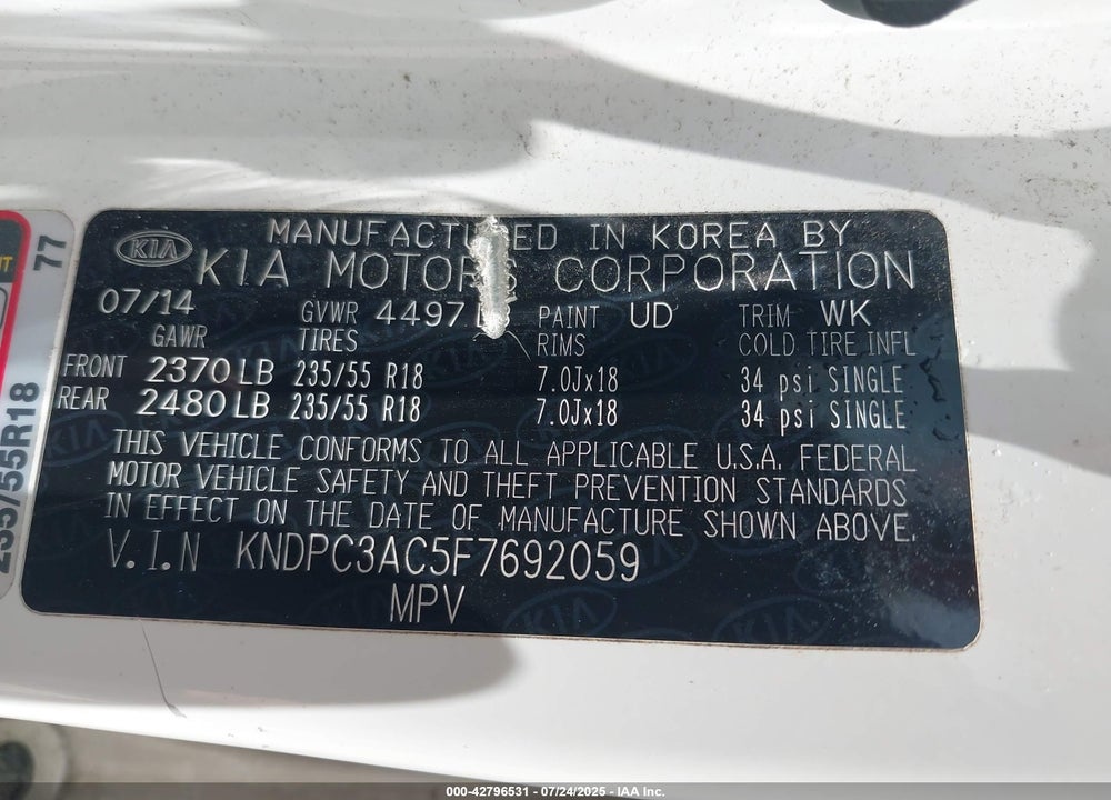 2015 KIA SPORTAGE VIN: KNDPC3AC5F7692059