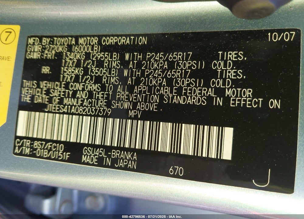 2008 TOYOTA HIGHLANDER VIN: JTEES41A082037379
