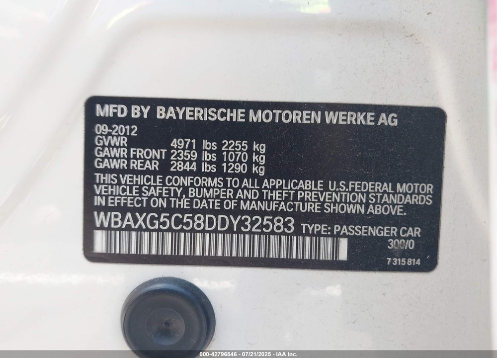 2013 BMW 5 SERIES VIN: WBAXG5C58DDY32583
