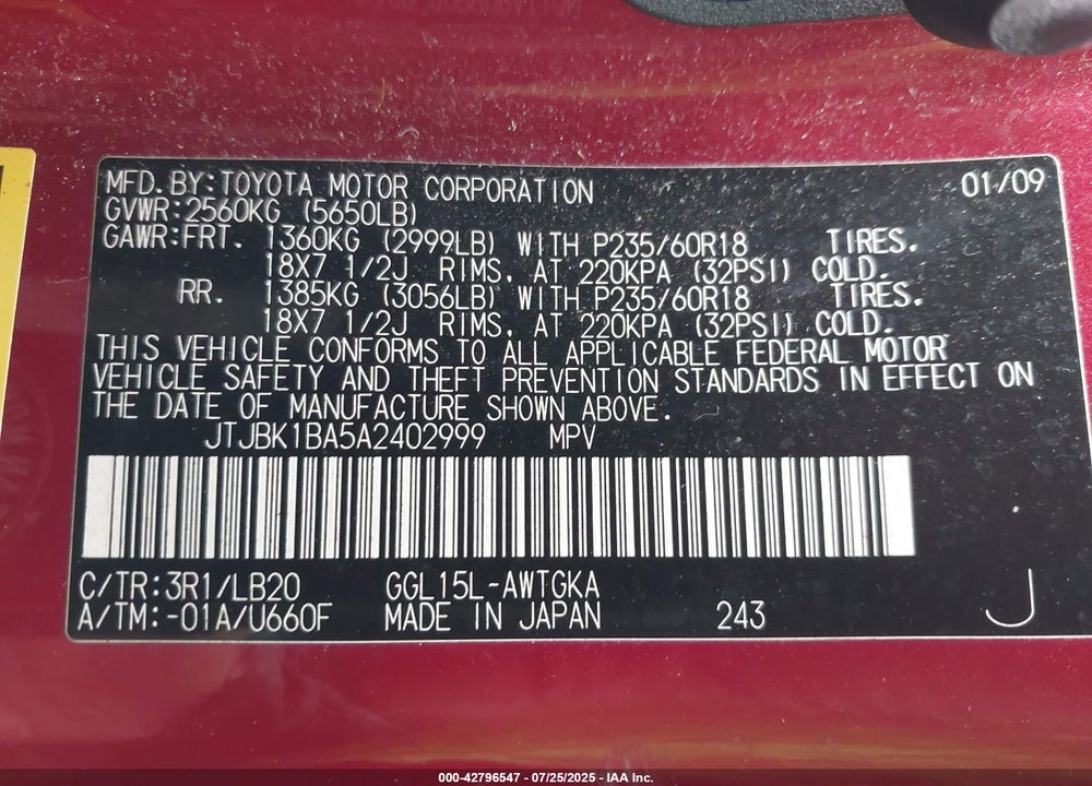 2010 LEXUS RX350 VIN: JTJBK1BA5A2402999