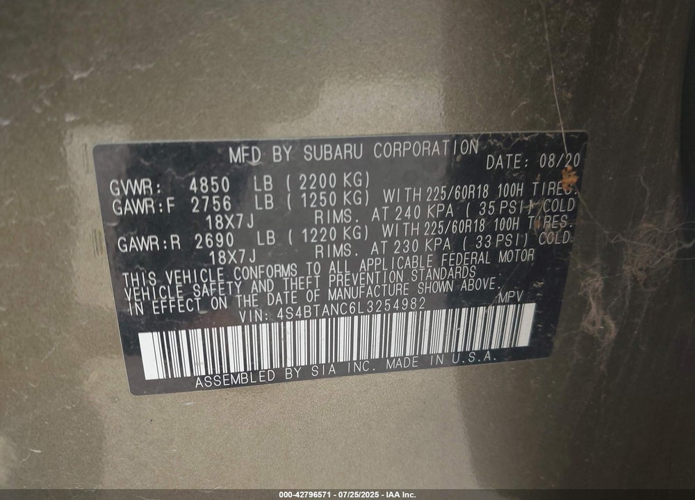 2020 SUBARU OUTBACK VIN: 4S4BTANC6L3254982