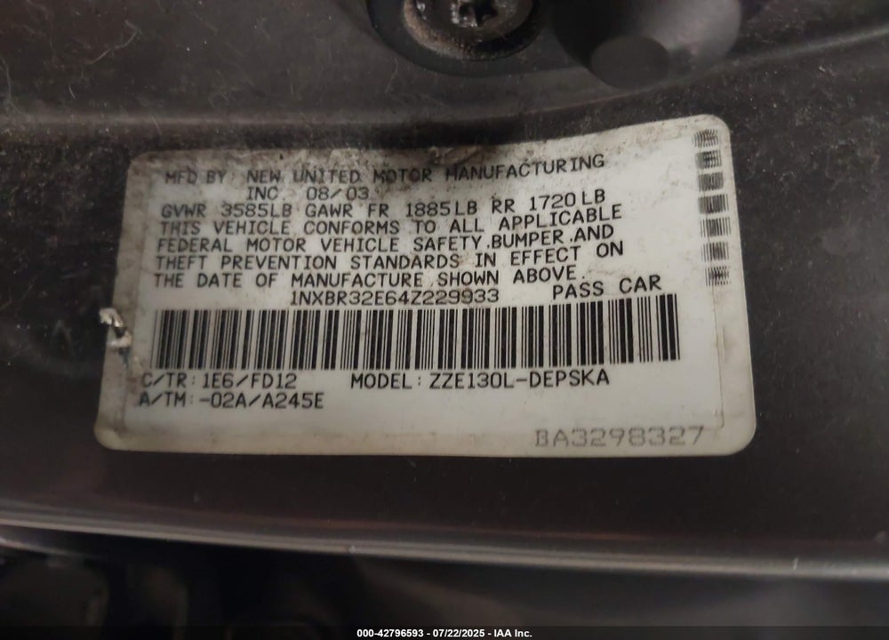 2004 TOYOTA COROLLA S VIN: 1NXBR32E64Z229933