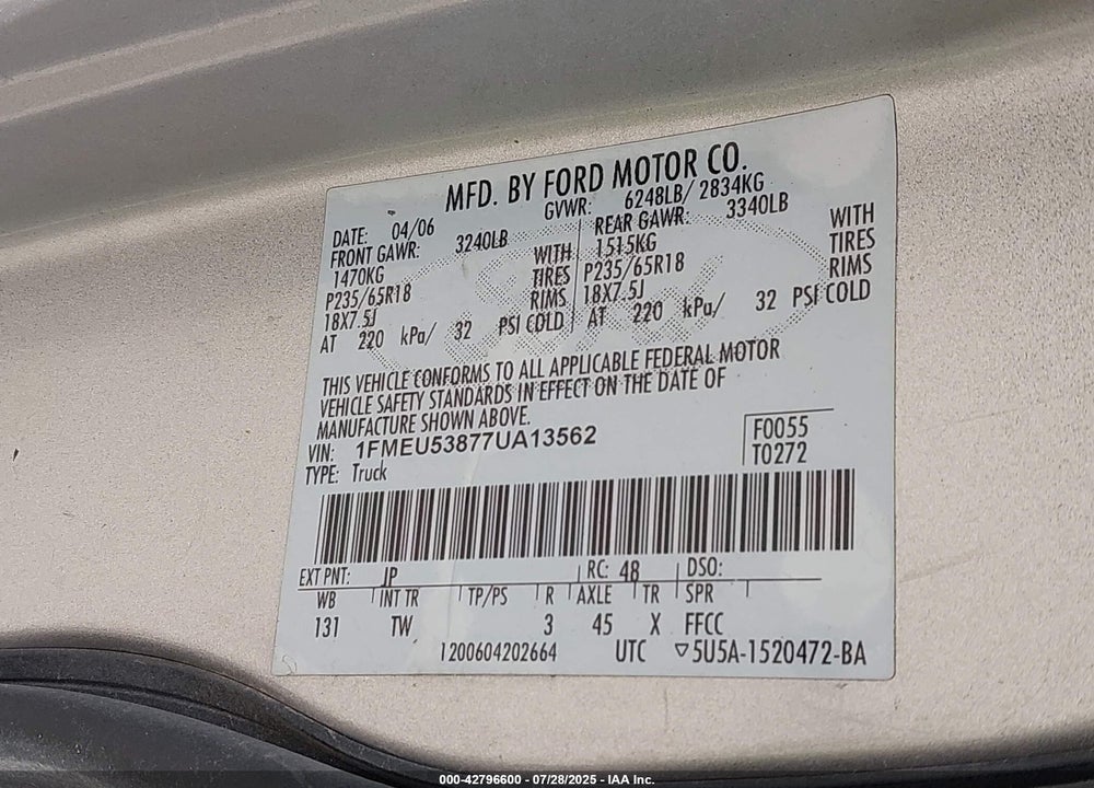 2007 FORD EXPLORER SPORT TRAC VIN: 1FMEU53877UA13562