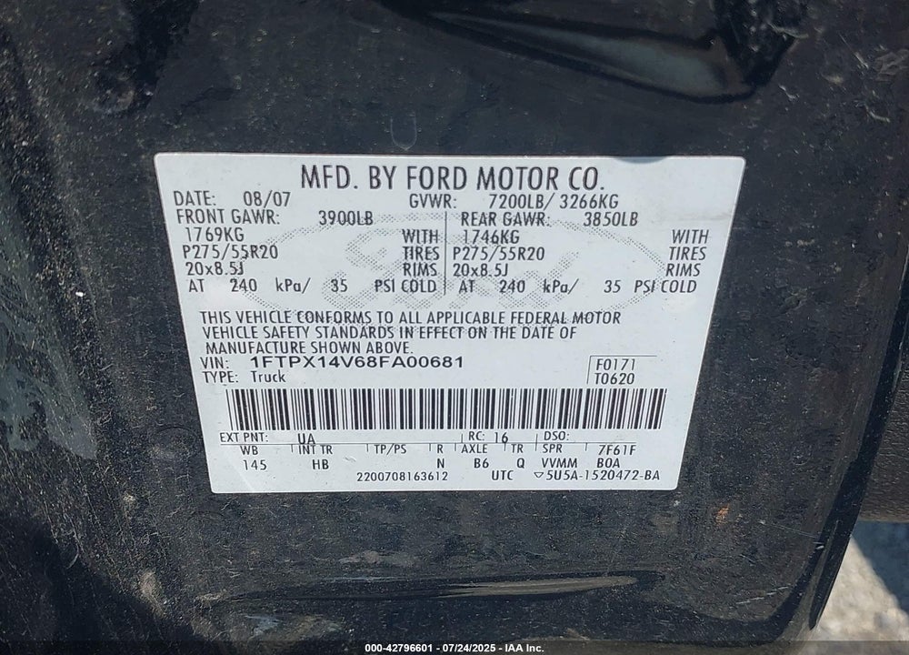 2008 FORD F-150 VIN: 1FTPX14V68FA00681