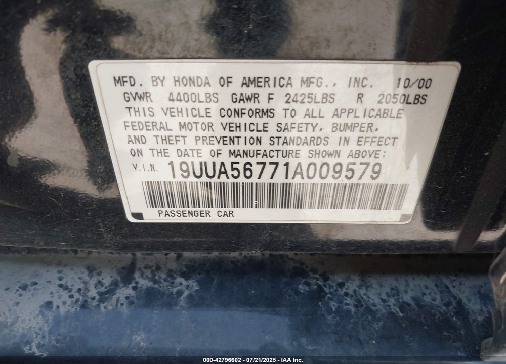 2001 ACURA TL 3.2 VIN: 19UUA56771A009579