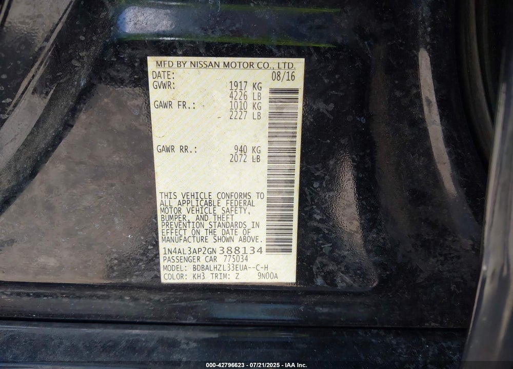 2016 NISSAN ALTIMA VIN: 1N4AL3AP2GN388134