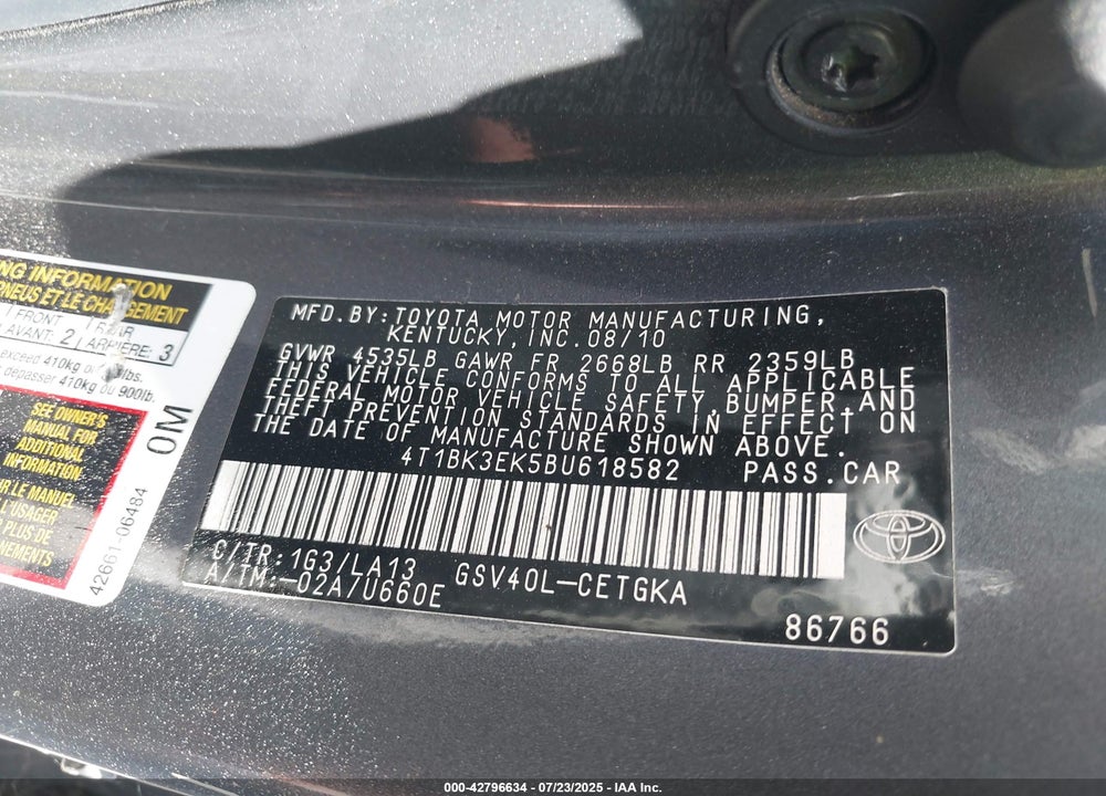 2011 TOYOTA CAMRY VIN: 4T1BK3EK5BU618582