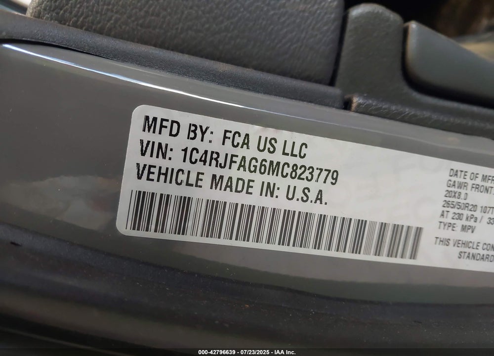 2021 JEEP GRAND CHEROKEE VIN: 1C4RJFAG6MC823779