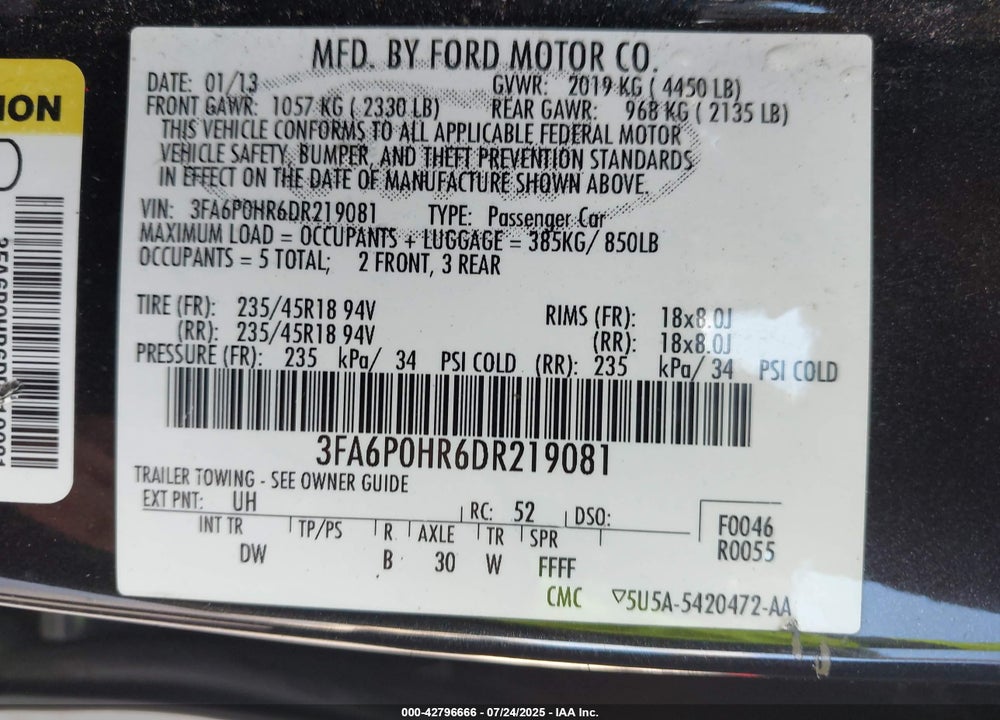 2013 FORD FUSION SE VIN: 3FA6P0HR6DR219081