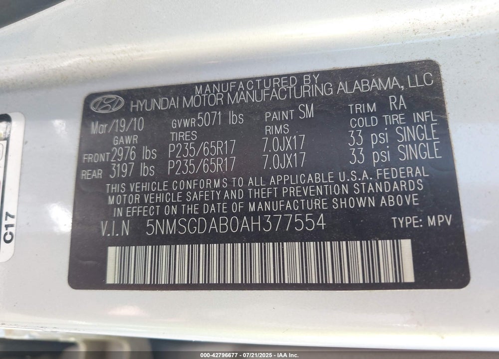 2010 HYUNDAI SANTA FE VIN: 5NMSGDAB0AH377554